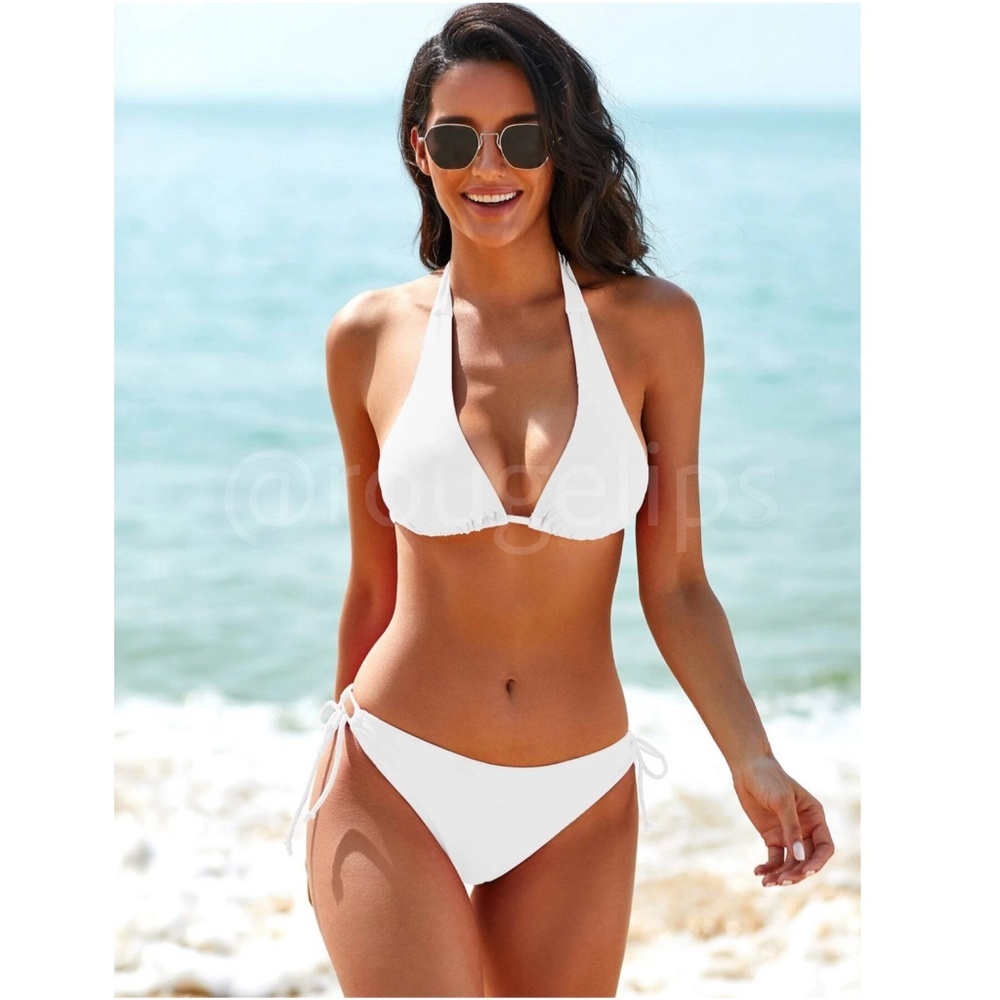 Halter Neck Ties Triangle Bra + Low Rise Side Tie Bottoms Bikini Set White